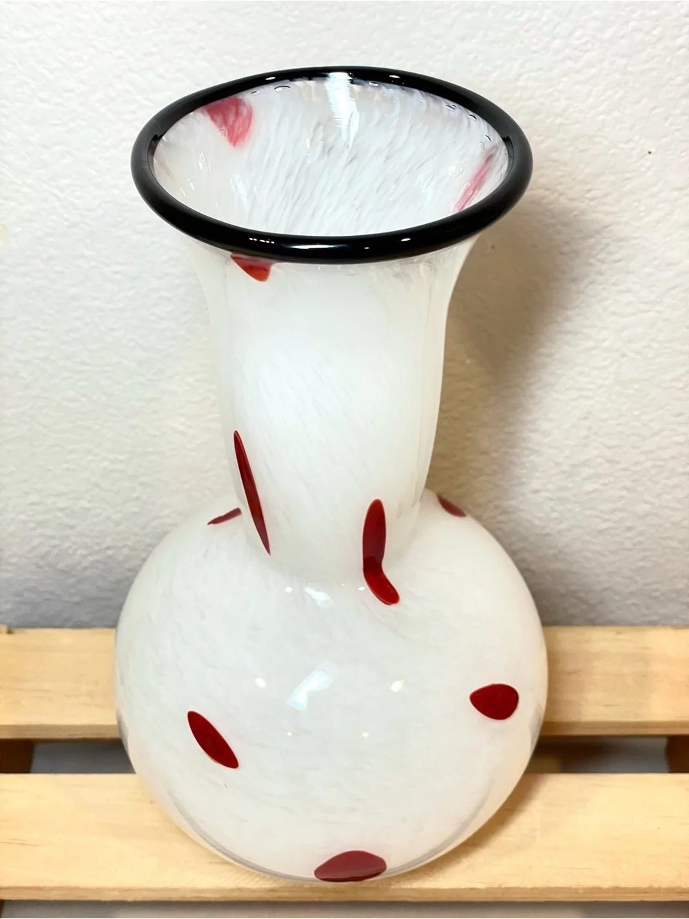 Mottled White w Red Abstract Polka Dots Black Top Rim Glass Art Vase | EUC